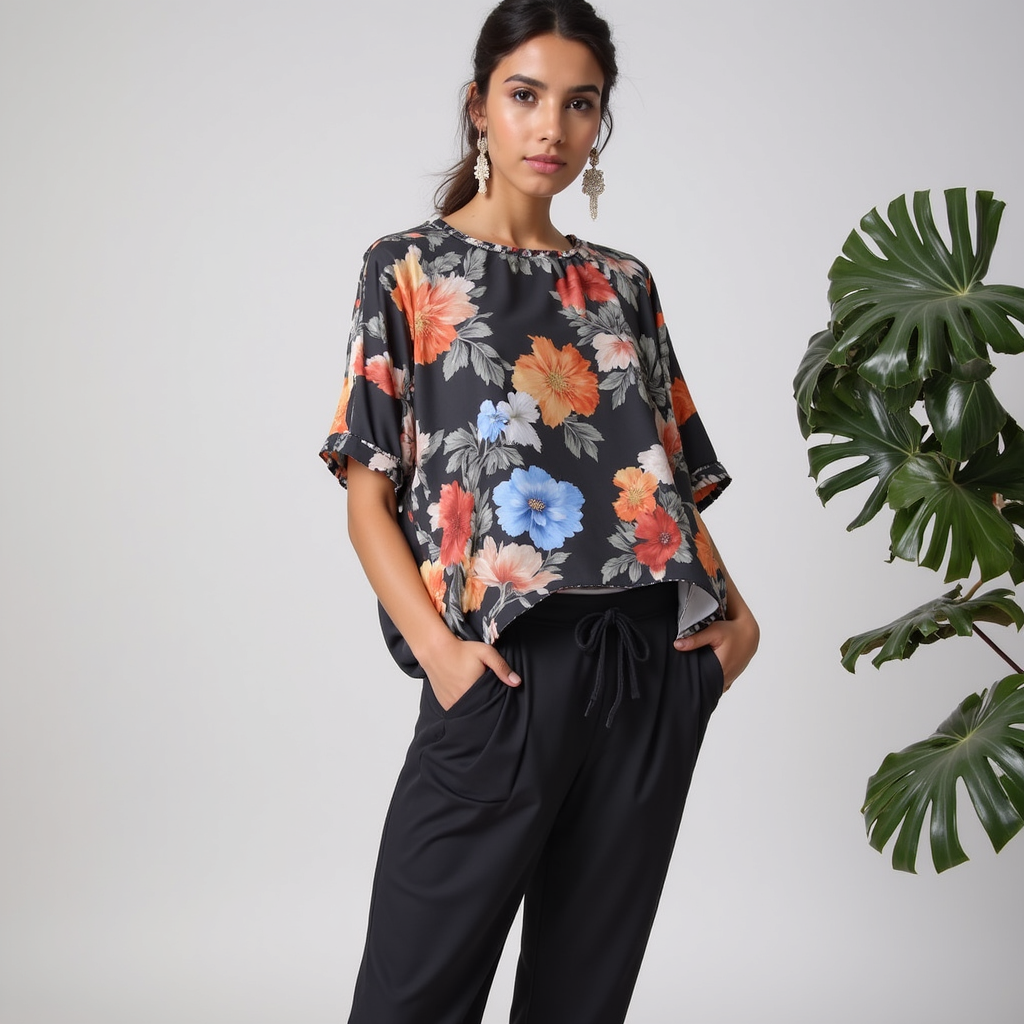 Floral Printed 2 PC Dress (with Black Trouser)