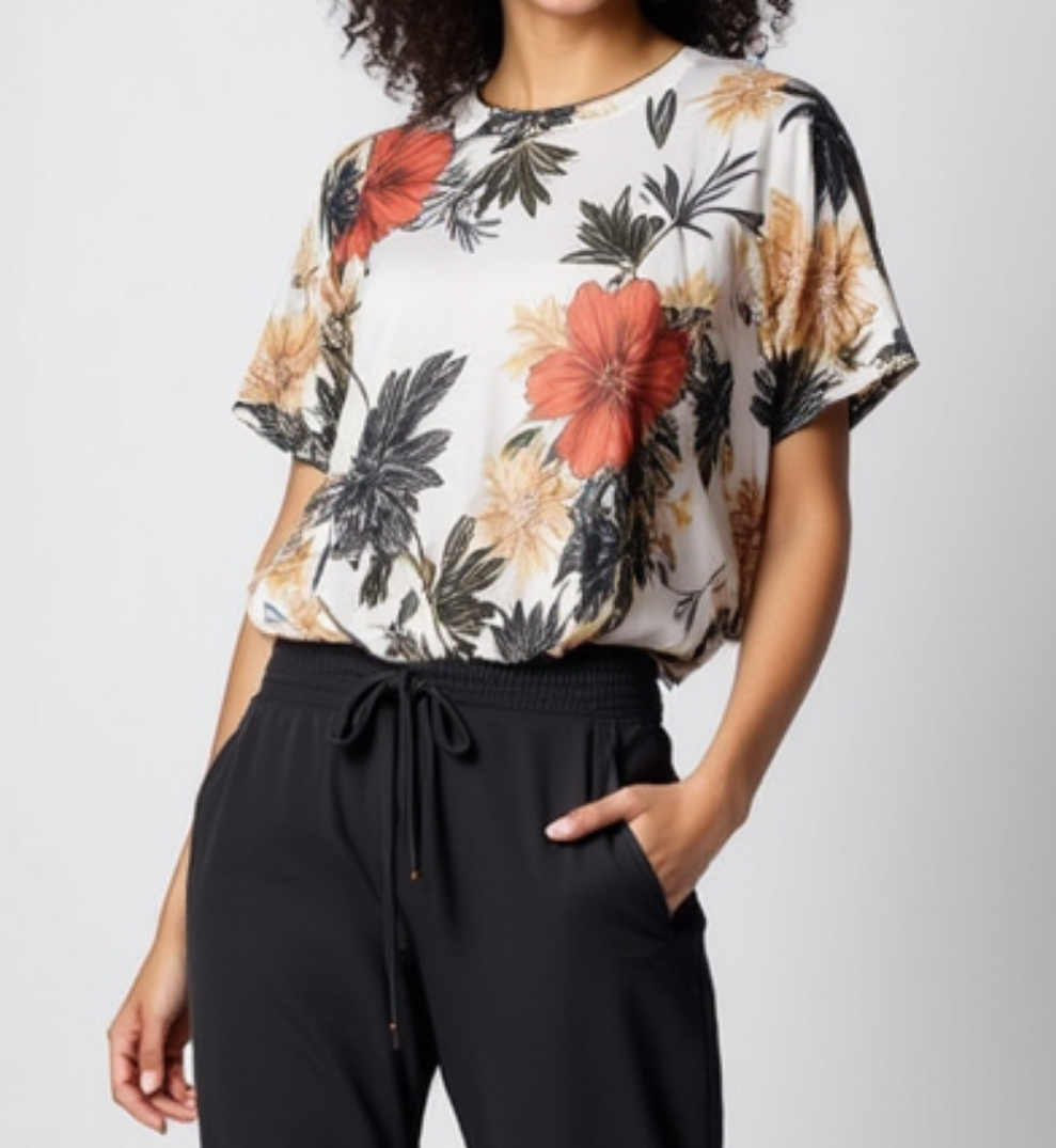 White Floral Printed 2 PC Dress (with Black Trouser)