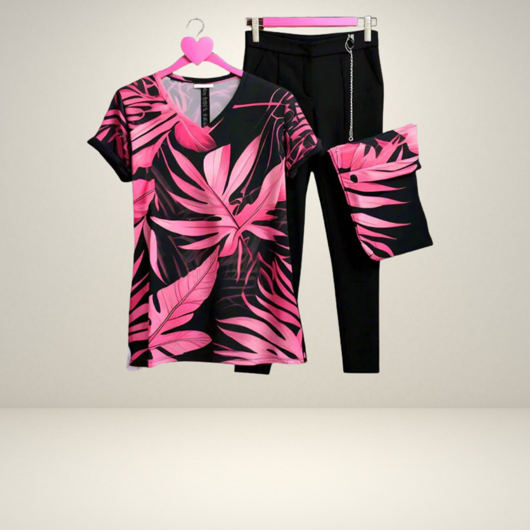 Pink Summer Leaves 2 PC Dress (with Black Trouser)