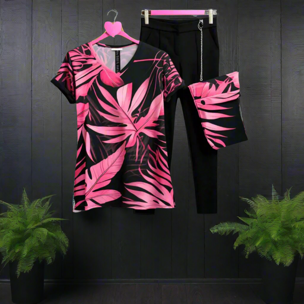 Pink Summer Leaves 2 PC Dress (with Black Trouser)