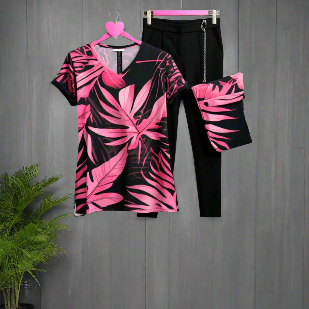 Pink Summer Leaves 2 PC Dress (with Black Trouser)