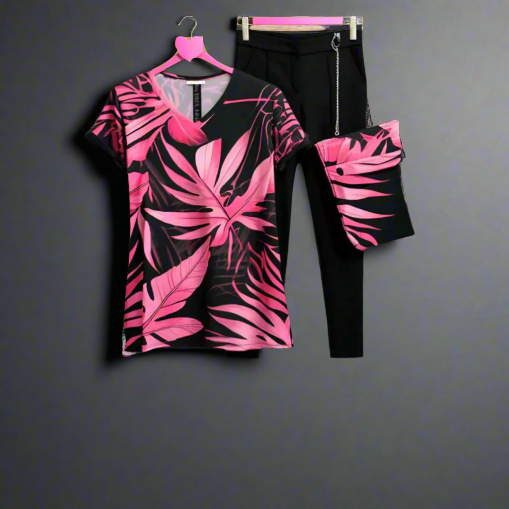 For Male & Female Pink Summer Leaves 2 PC Dress (with Black Trouser)