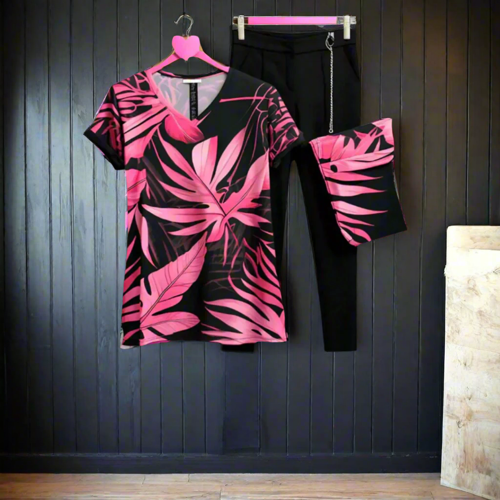 Pink Summer Leaves 2 PC Dress (with Black Trouser)