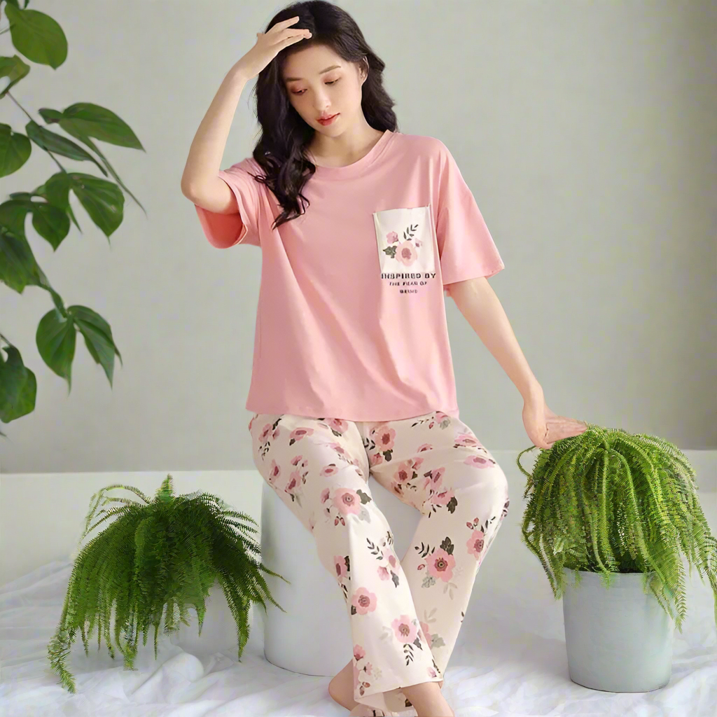 Pink Flower Printed Pocket Half Sleeves Shirt and White Flower Printed Trouser Night Wear