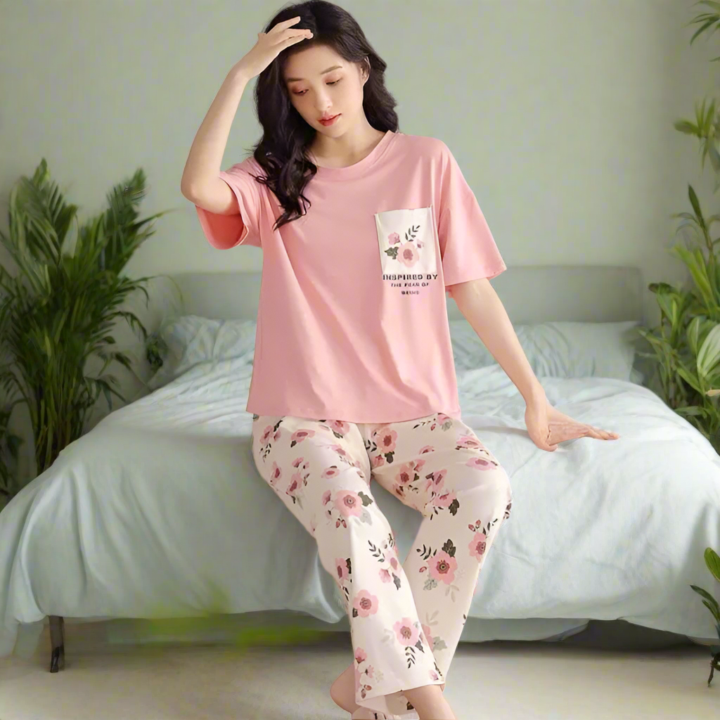 Pink Flower Printed Pocket Half Sleeves Shirt and White Flower Printed Trouser Night Wear