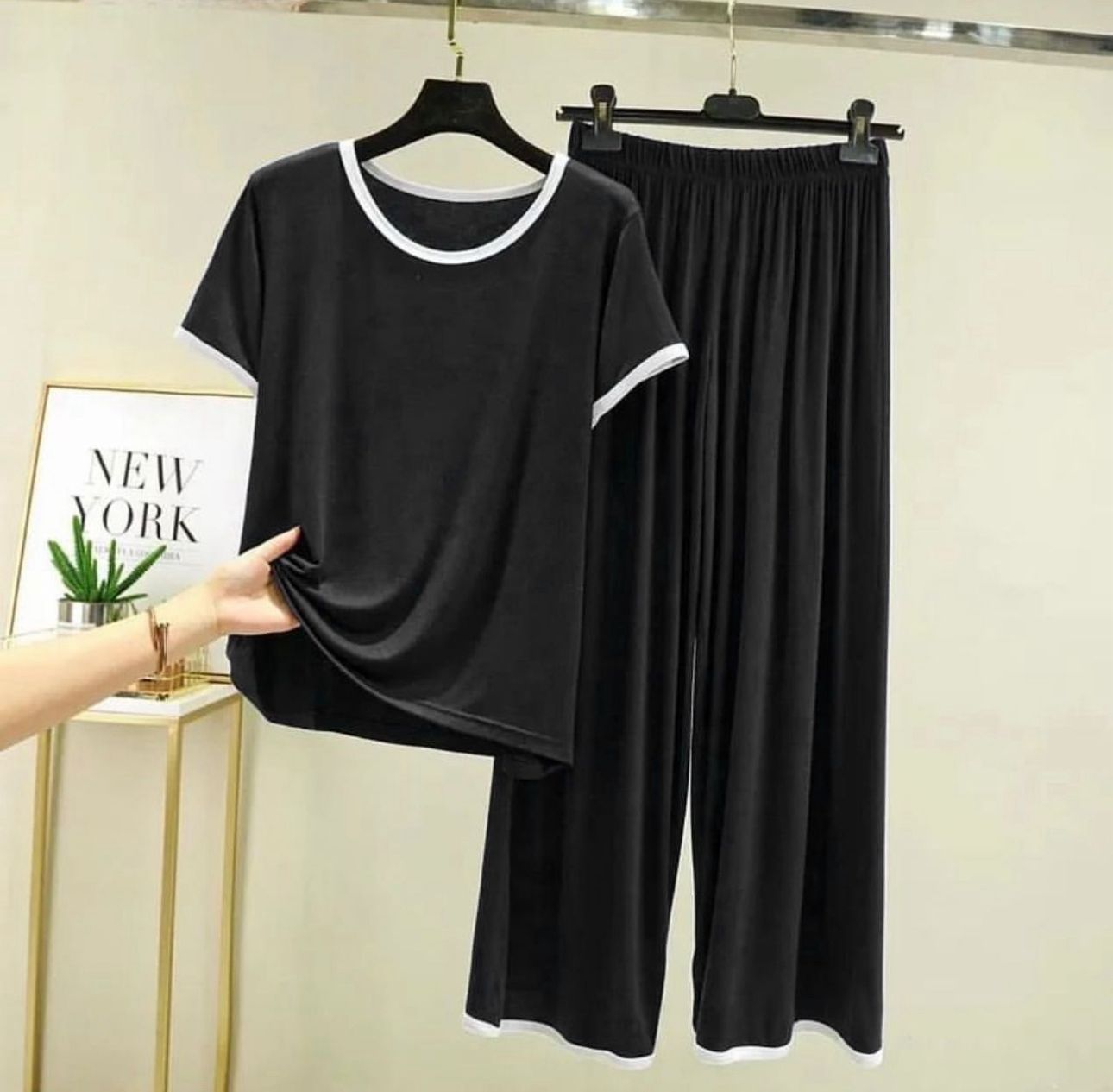 Plain Black Tshirt With White Round Neck And PLazo Pajama