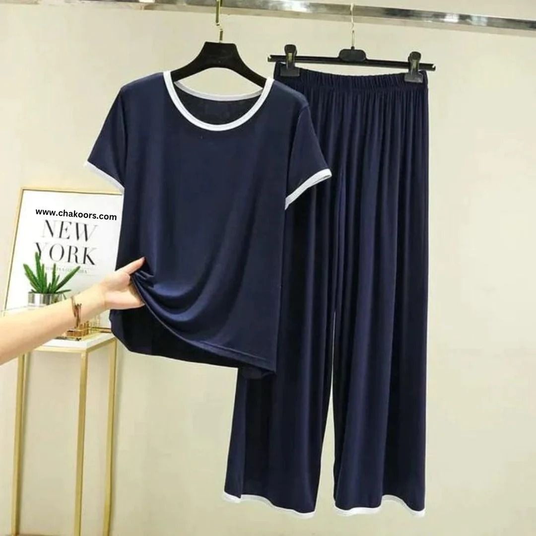 Plain Blue Tshirt With White Round Neck And PLazo Pajama