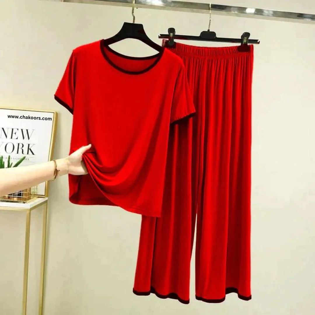 Plain Red Tshirt With Black Round Neck And PLazo Pajama (Half Seeleve)