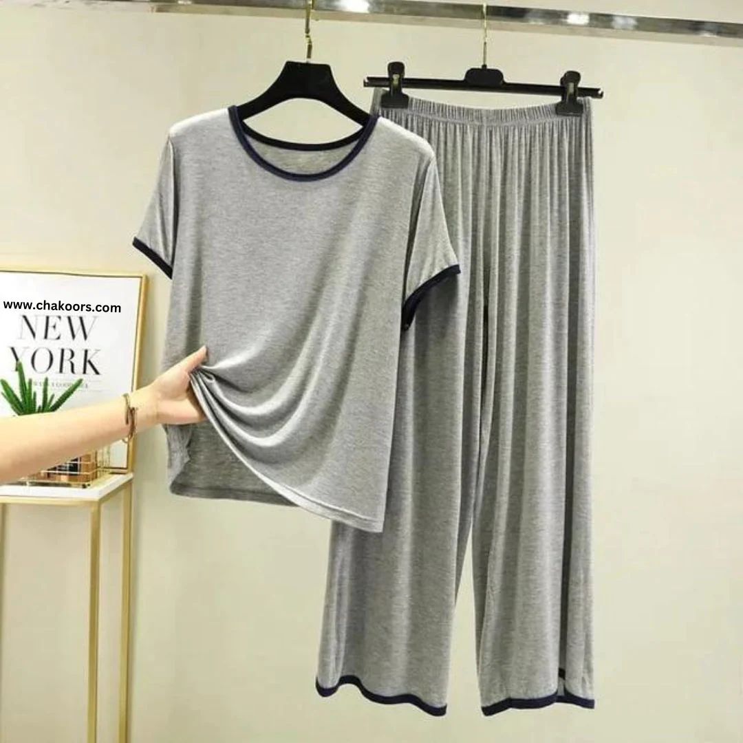 Plain Grey Tshirt With Black Round Neck And PLazo Pajama (Half Seeleve)