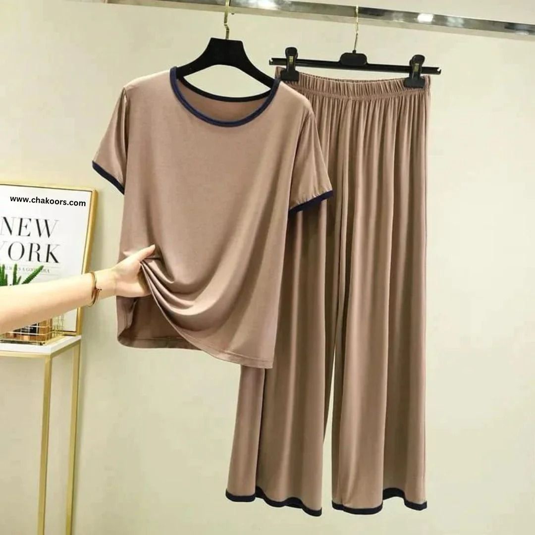 Plain Coffee Colour Tshirt With Black Round Neck And PLazo Pajama (Half Seeleve)