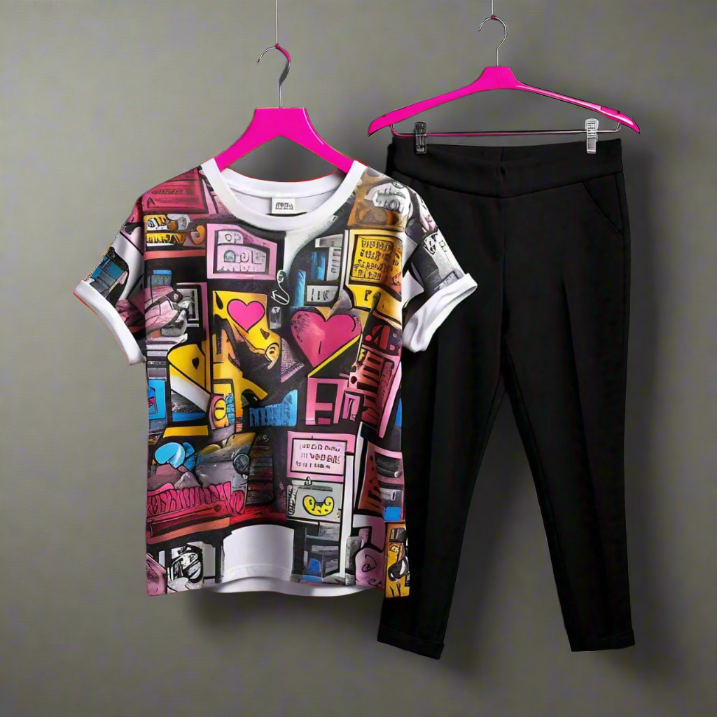 For Male & Female City Love Printed 2 PC Dress (with Black Trouser)