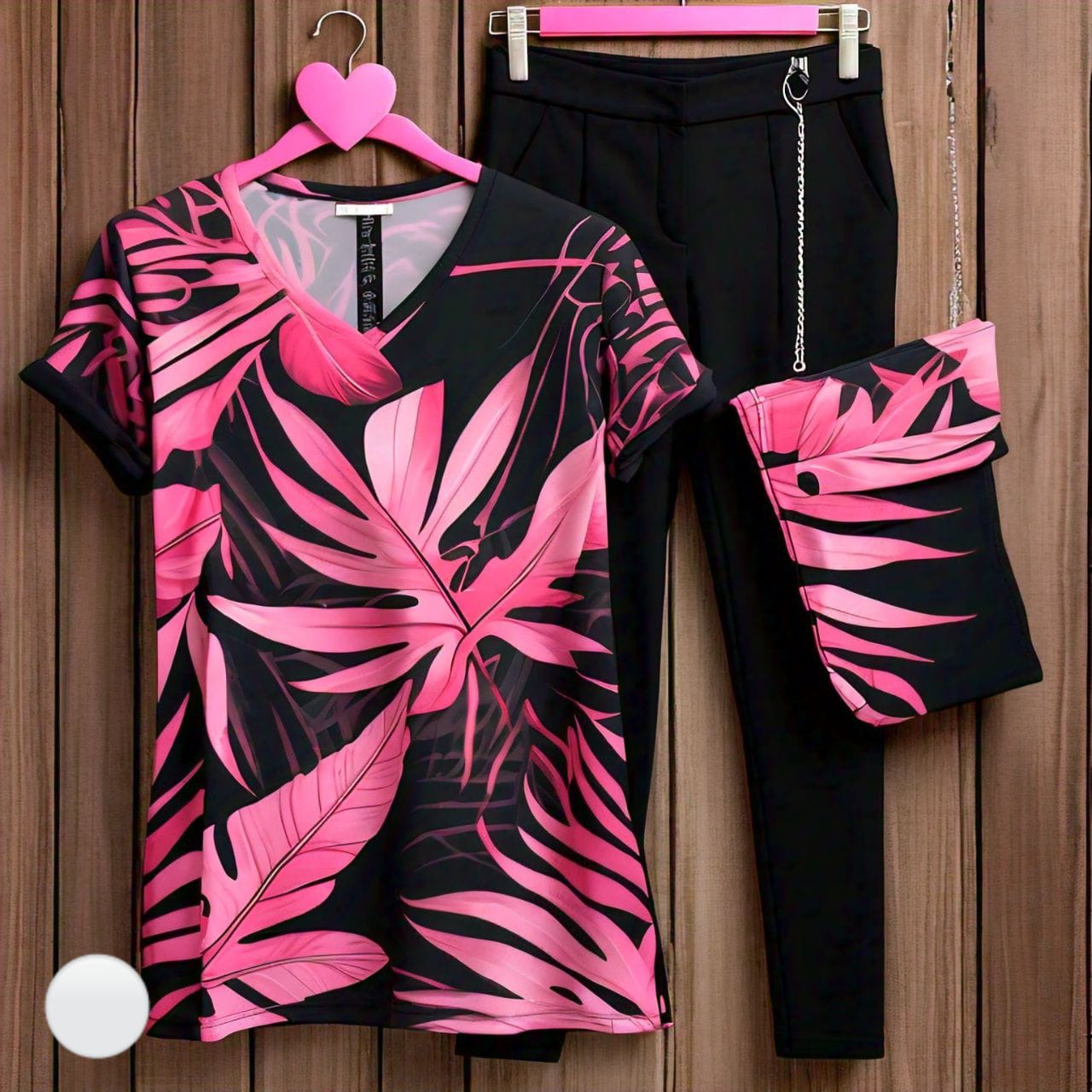 Pink Summer Leaves 2 PC Dress (with Black Trouser)