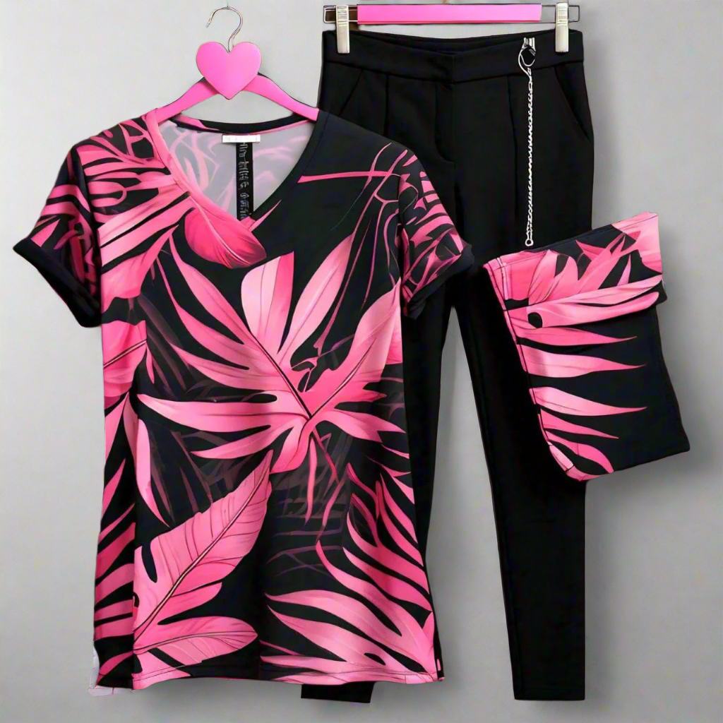 Pink Summer Leaves 2 PC Dress (with Black Trouser)