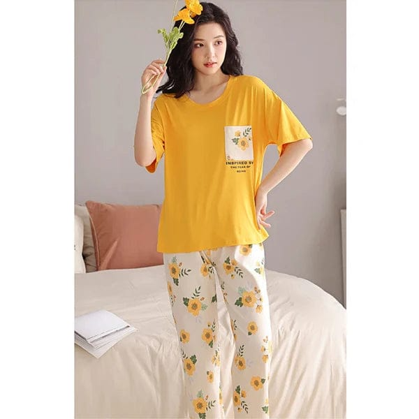 Yellow Flower Printed Pocket Half Sleeves Shirt and White Flower Printed Trouser Night Wear