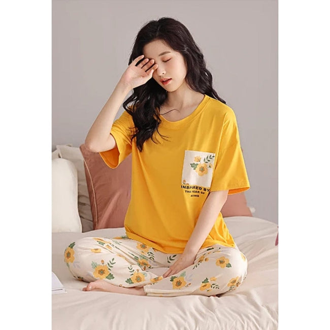 Yellow Flower Printed Pocket Half Sleeves Shirt and White Flower Printed Trouser Night Wear