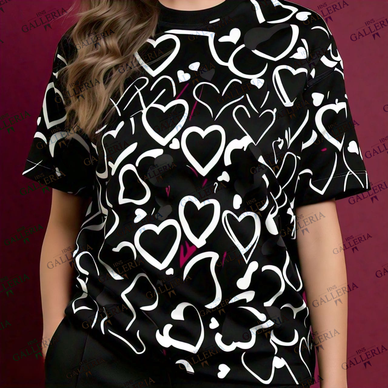 Multi White Hearts Black Nightwear