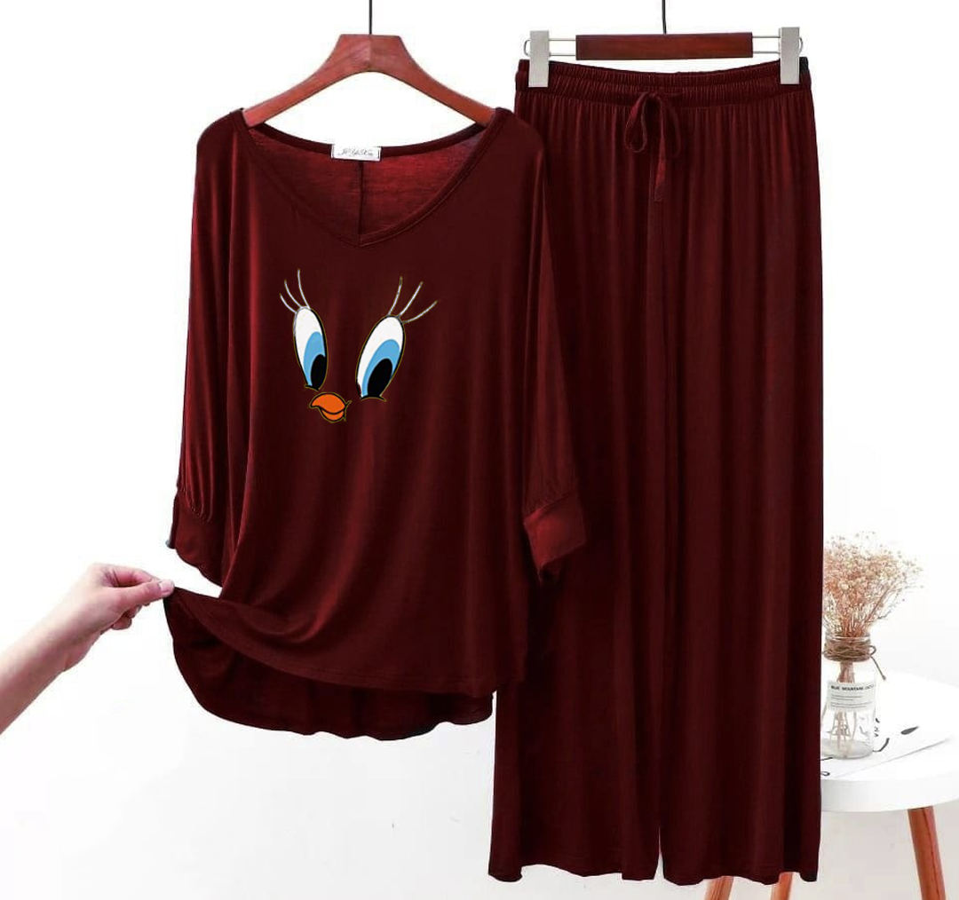 Maroon Daffy Duck V-Neck Women Night Suit PJ Set