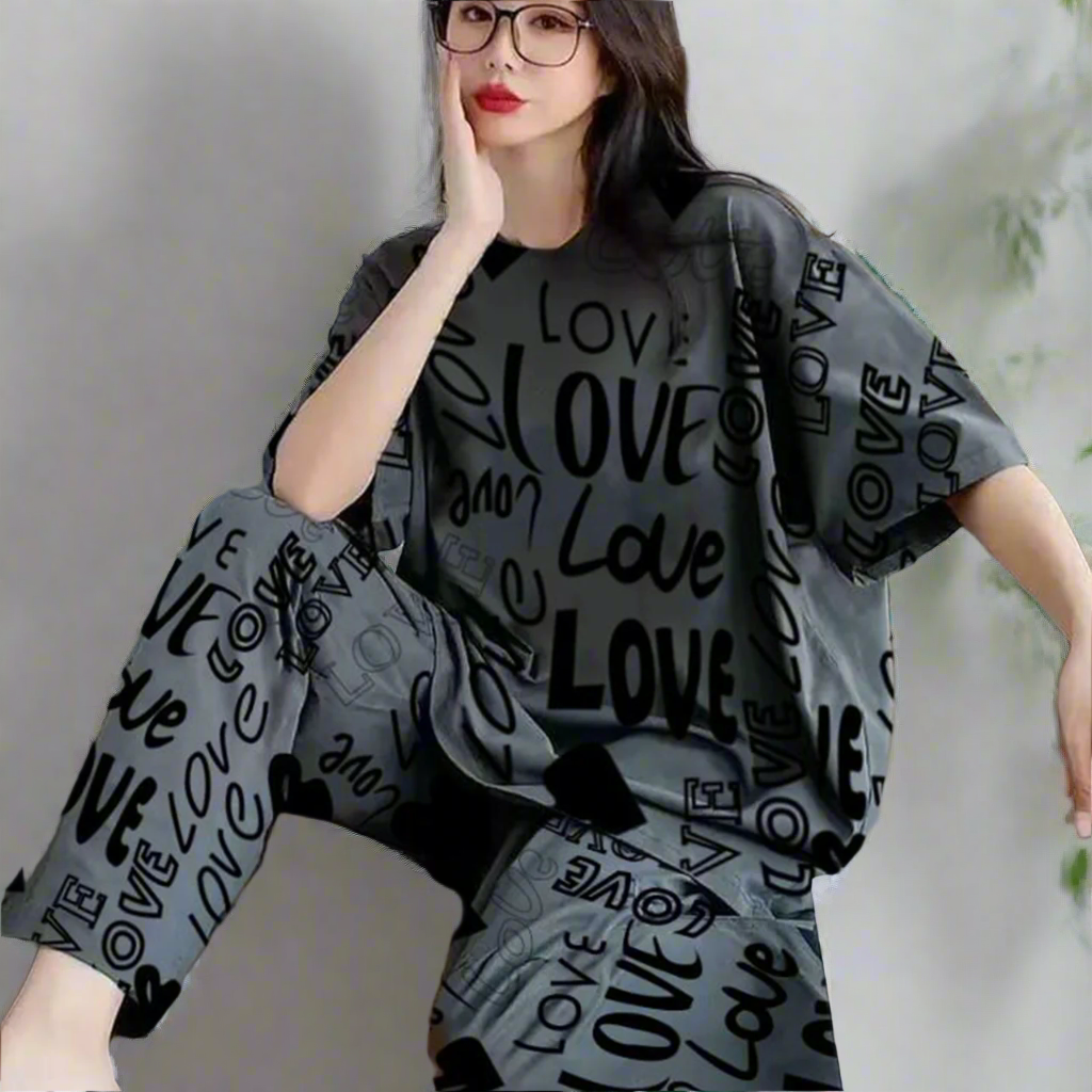 Gray Dress Love Pattern 2PC Nightwear