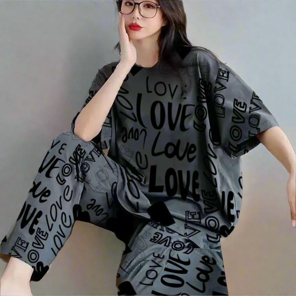 Gray Dress Love Pattern 2PC Nightwear