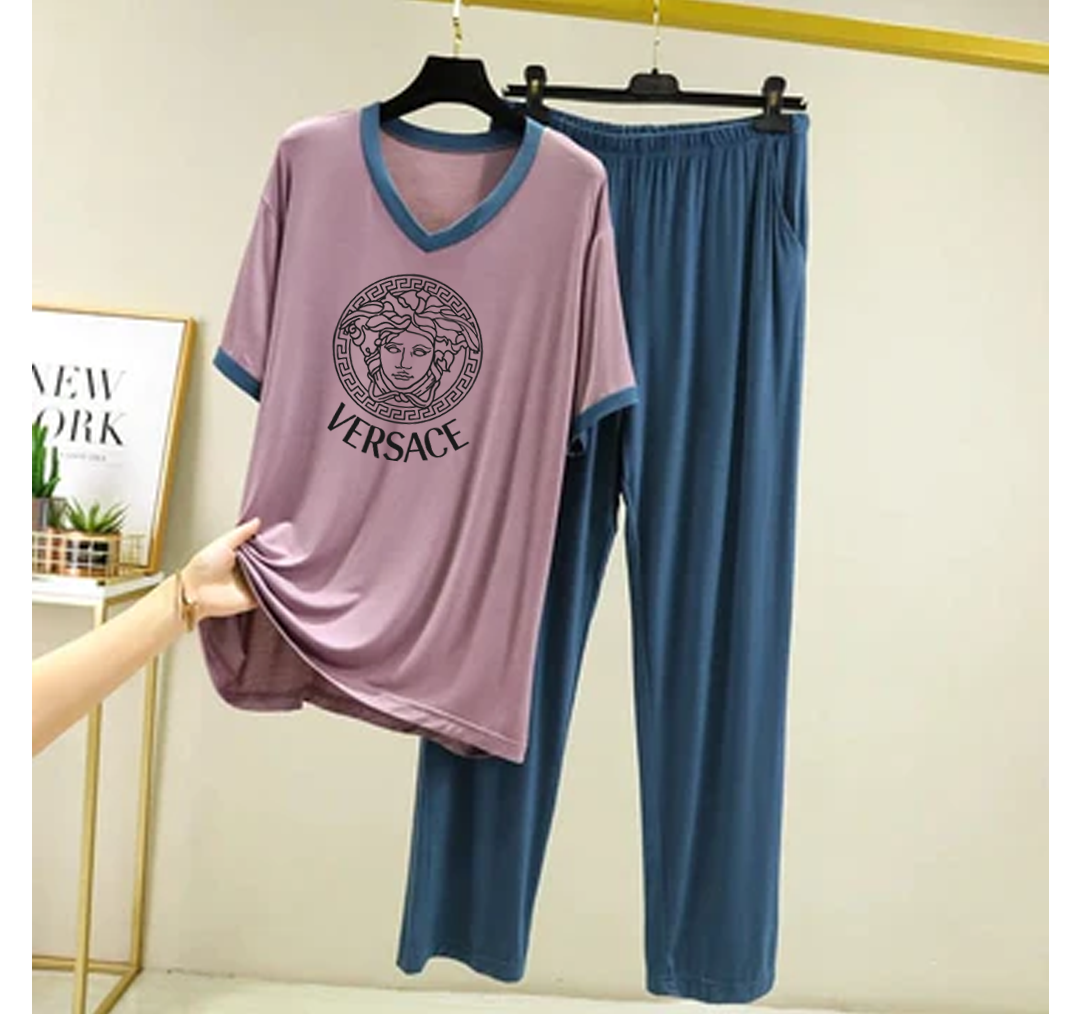 Purplish Vercase V Neck T-Shirt with Contrast Pocket Pajama