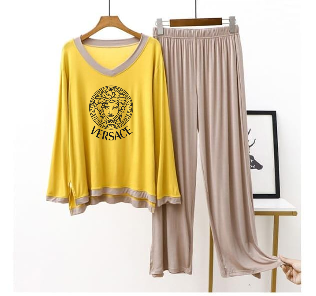 Yellow Vercase V-Neck T Shirt with Contrast Trouser PJ Set