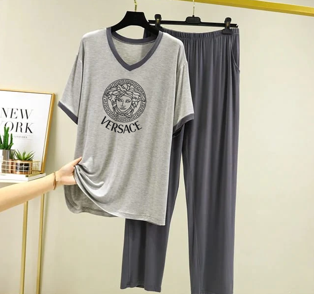 Grey Vercase V Neck T-Shirt with Contrast Pocket Pajama