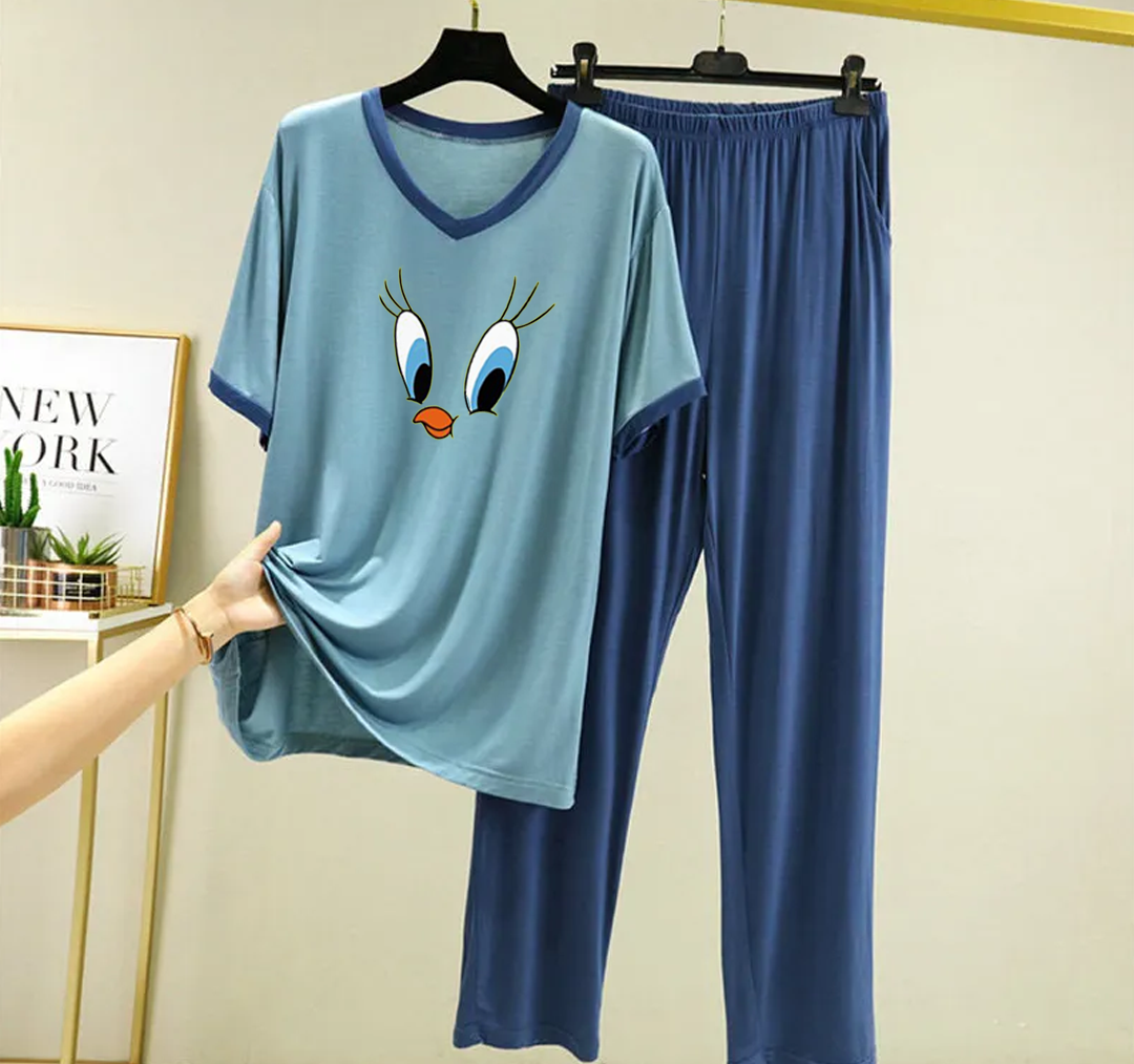 New Blue Daffy Duck V Neck T-Shirt with Contrast Pocket Pajama