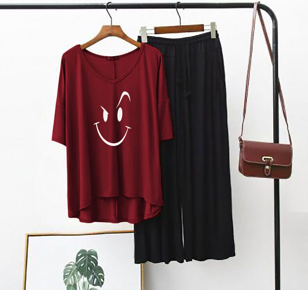 Plain Red Smiley Face V Neck T Shirt with Black Plazzo