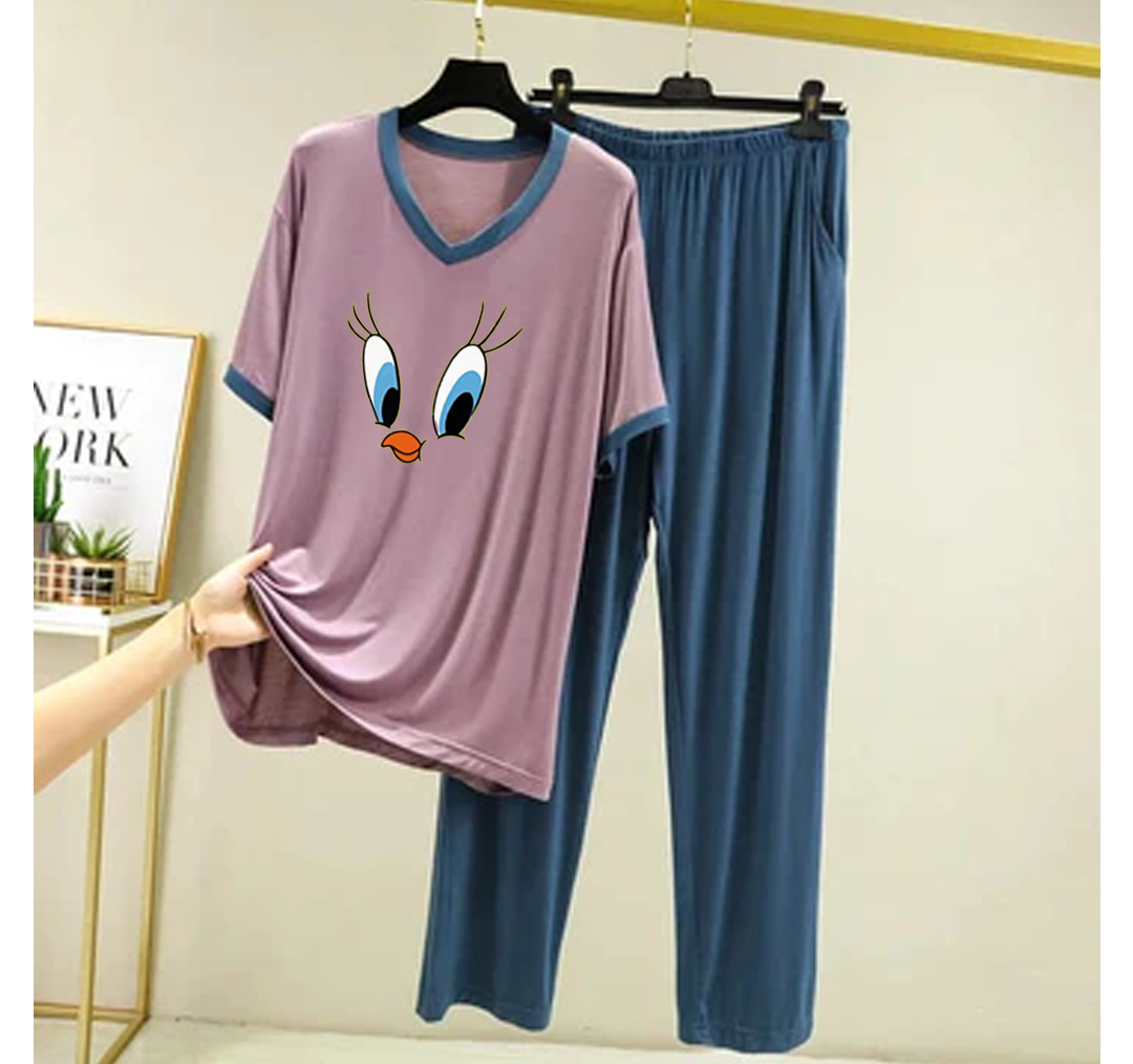 Purplish Daffy Duck V Neck T-Shirt with Contrast Pocket Pajama