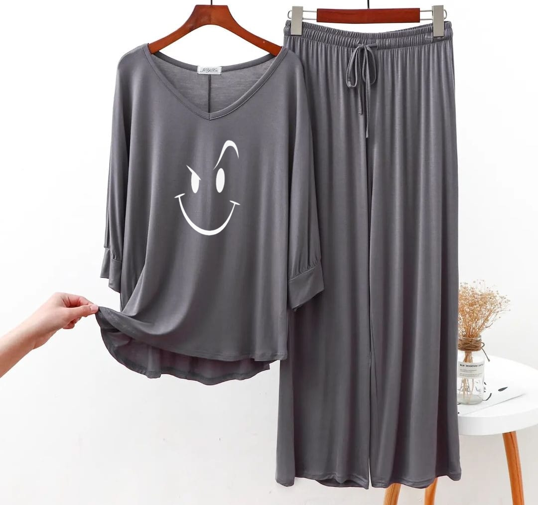 Plain Gray Smiley Face V Neck with Plazzo Pajama Full Sleeves Suit