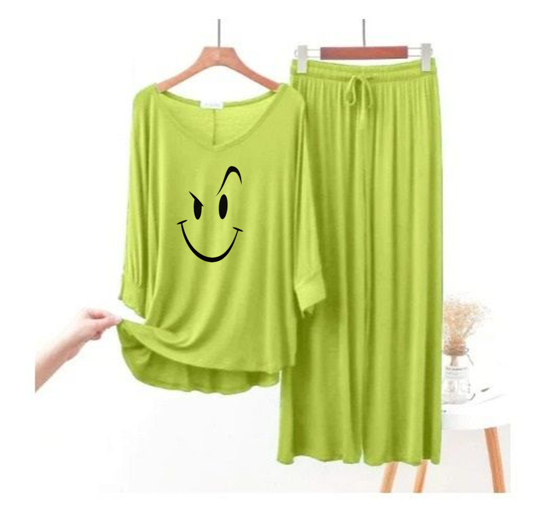 Lemon Green Smiley Face V-Neck Women Night Suit PJ Set