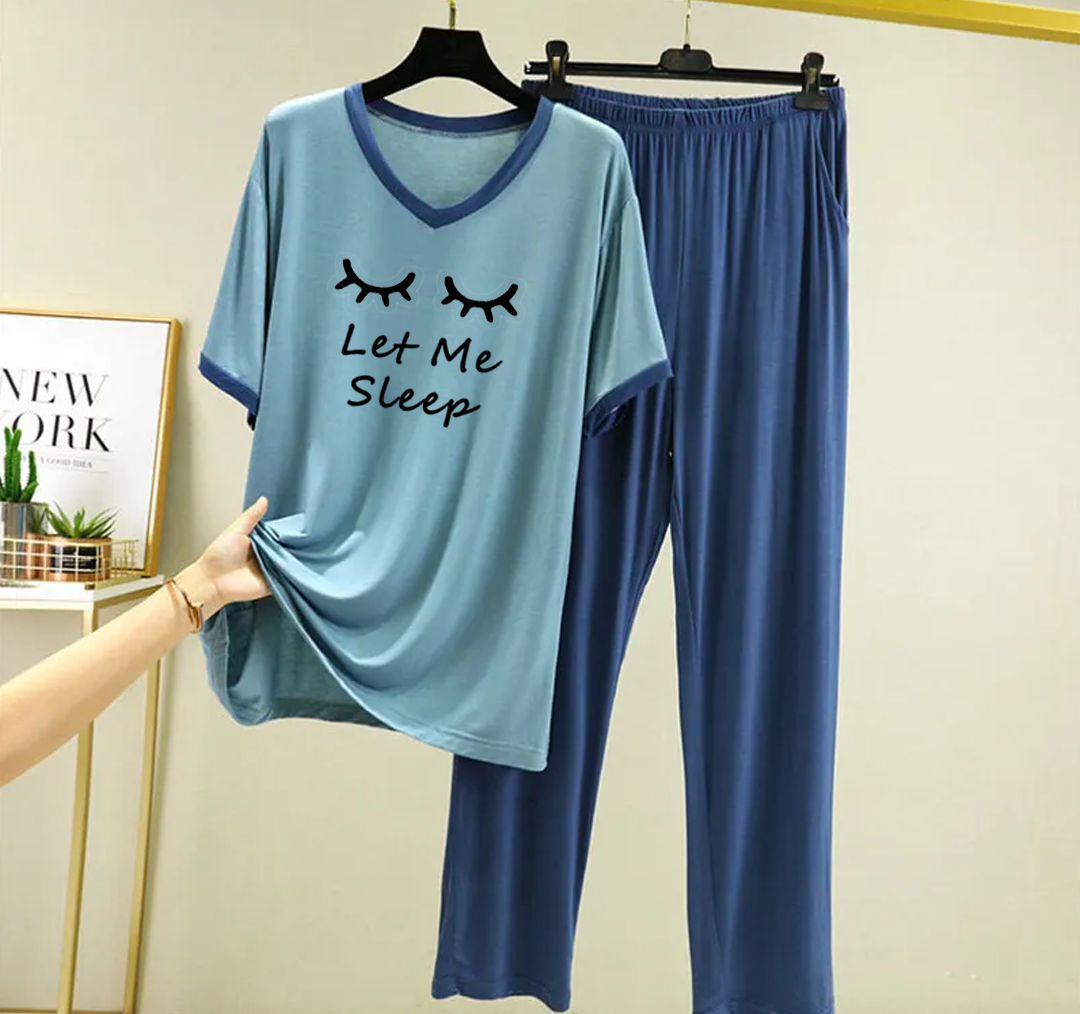 New Blue let me sleep V Neck T-Shirt with Contrast Pocket Pajama