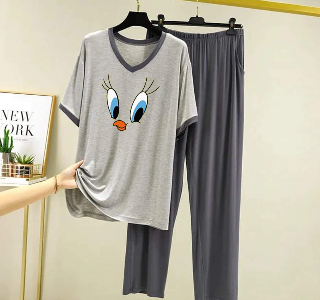 Grey Daffy Duck V Neck T-Shirt with Contrast Pocket Pajama