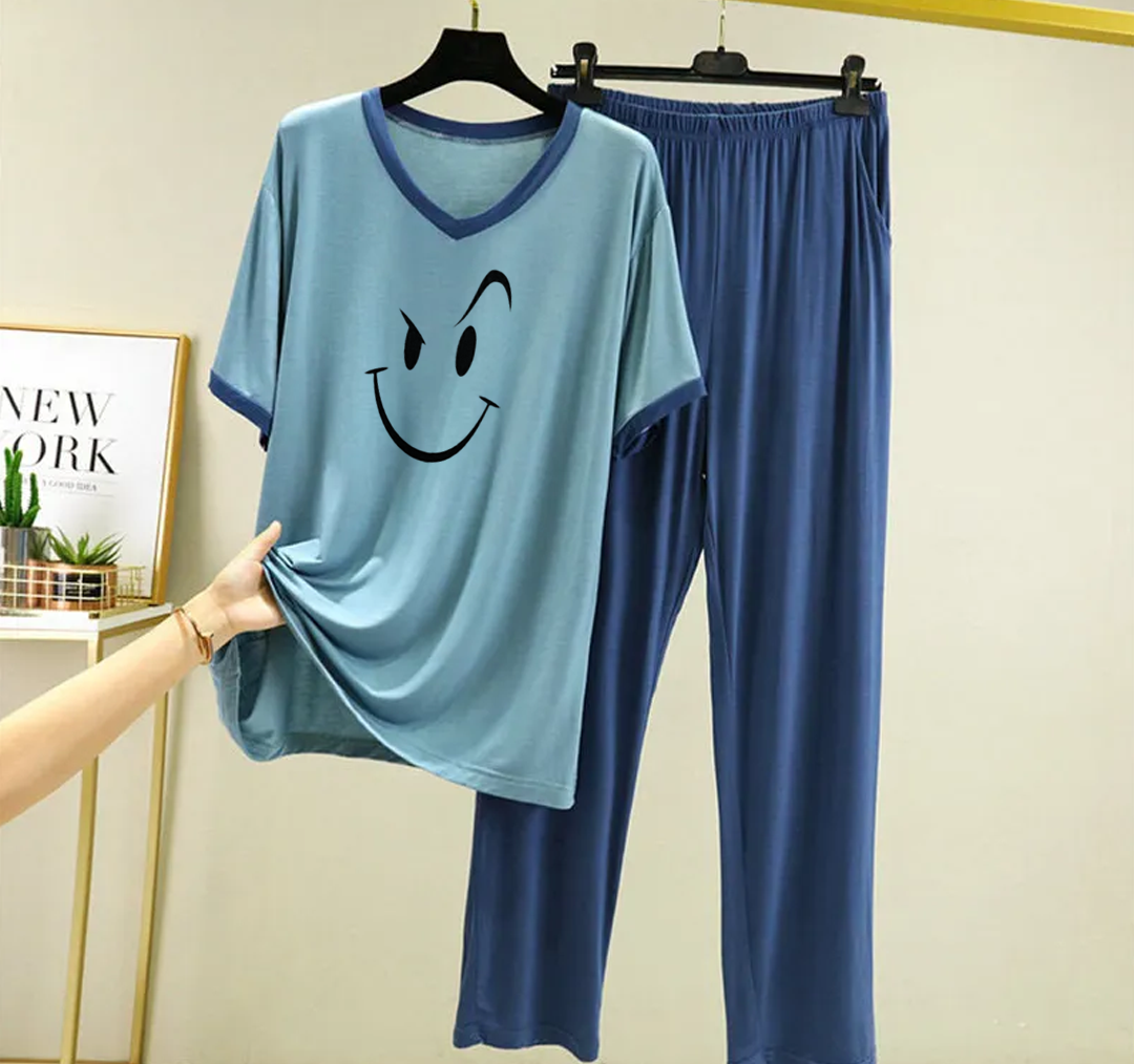 New Blue Smiley Face V Neck T-Shirt with Contrast Pocket Pajama