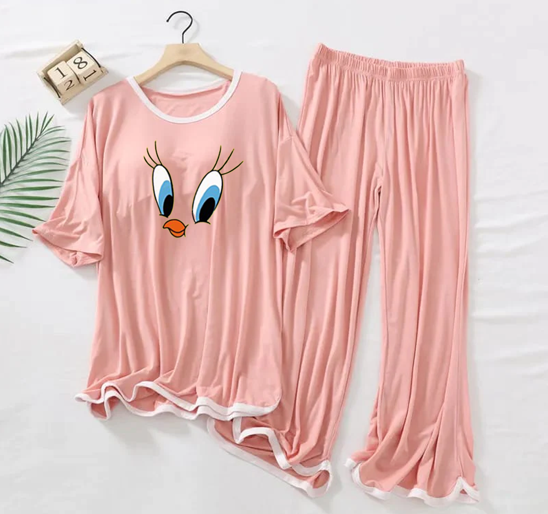 Rose Pink Daffy Duck Half Sleeves Plazzo PJ Set
