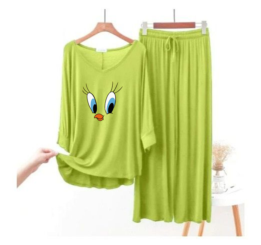 Lemon Green Daffy Duck V-Neck Women Night Suit PJ Set