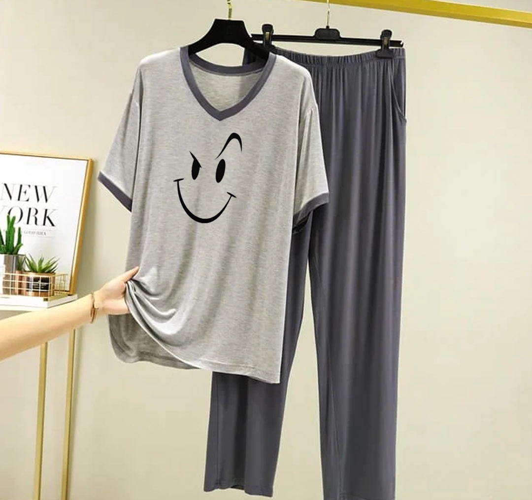 Grey Smiley Face V Neck T-Shirt with Contrast Pocket Pajama