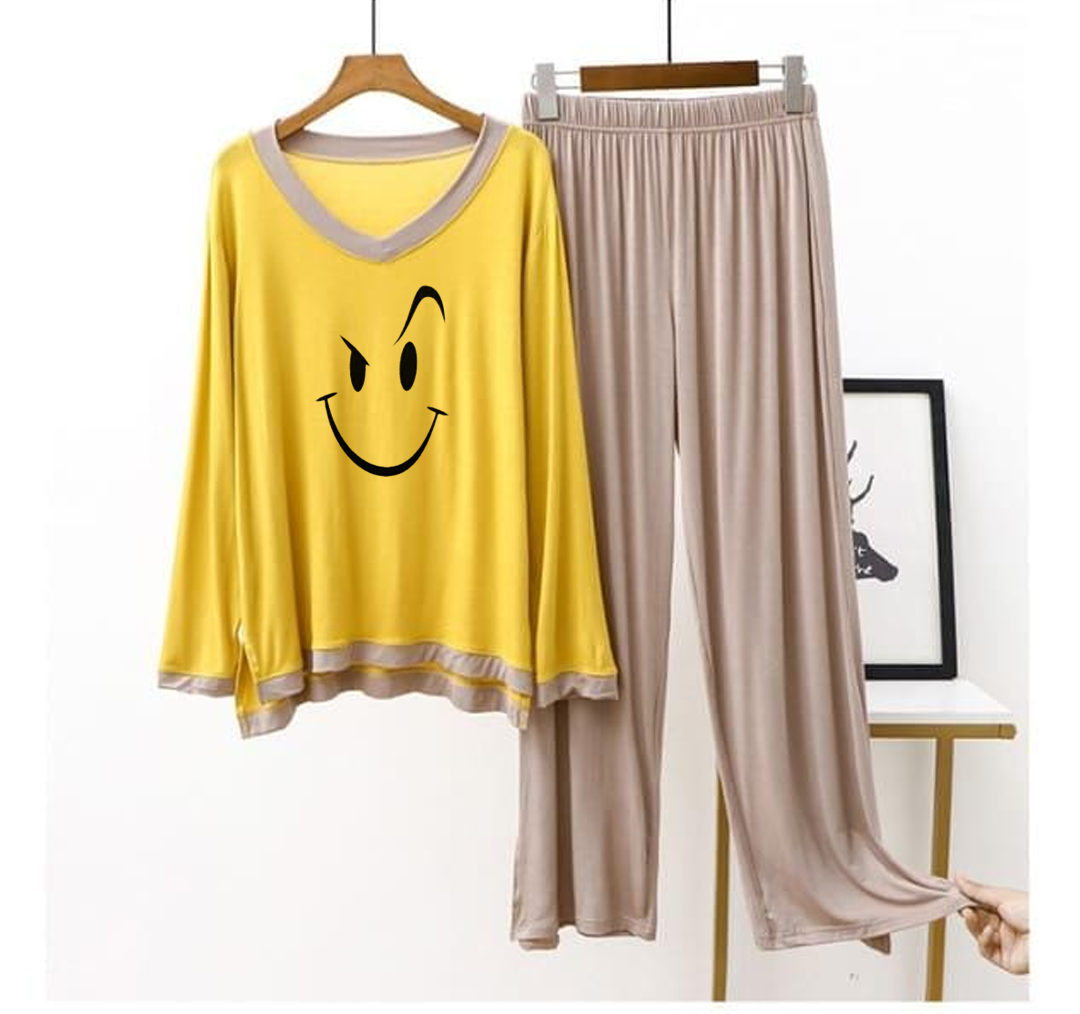 Yellow Smiley Face V-Neck T Shirt with Contrast Trouser PJ Set