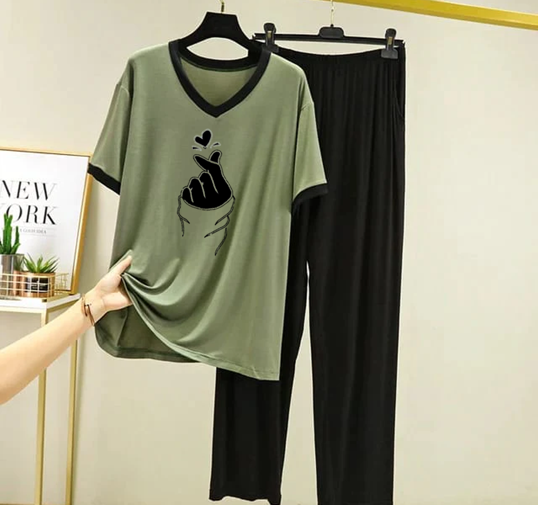 Olive Green Finger Love V Neck T-Shirt with Contrast Pocket Pajama