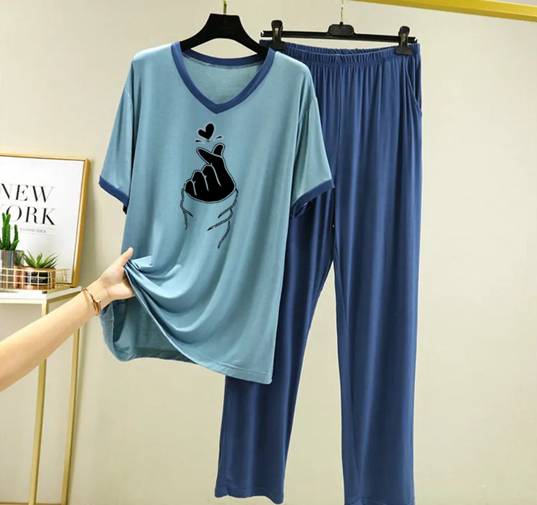 New Blue Finger Love V Neck T-Shirt with Contrast Pocket Pajama