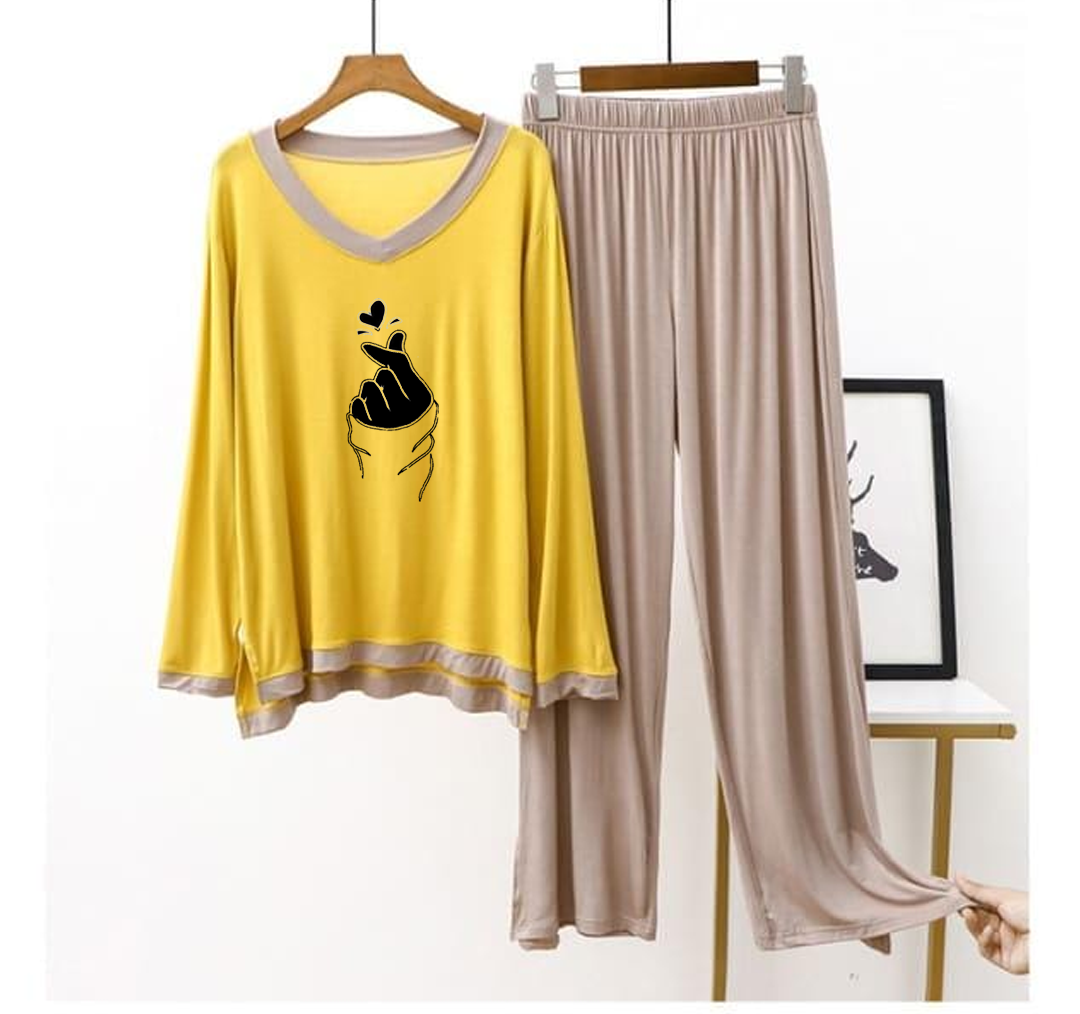 Yellow Finger Love V-Neck T Shirt with Contrast Trouser PJ Set