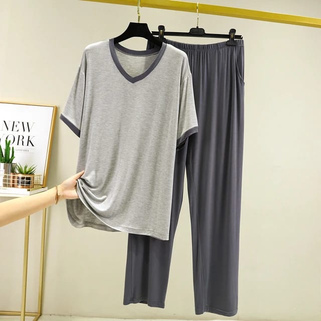 Grey V Neck T-Shirt with Contrast Pocket Pajama