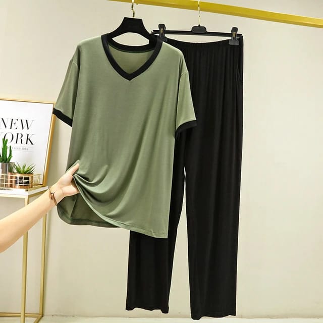 Olive Green V Neck T-Shirt with Contrast Pocket Pajama
