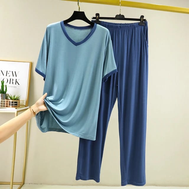 New Blue V Neck T-Shirt with Contrast Pocket Pajama