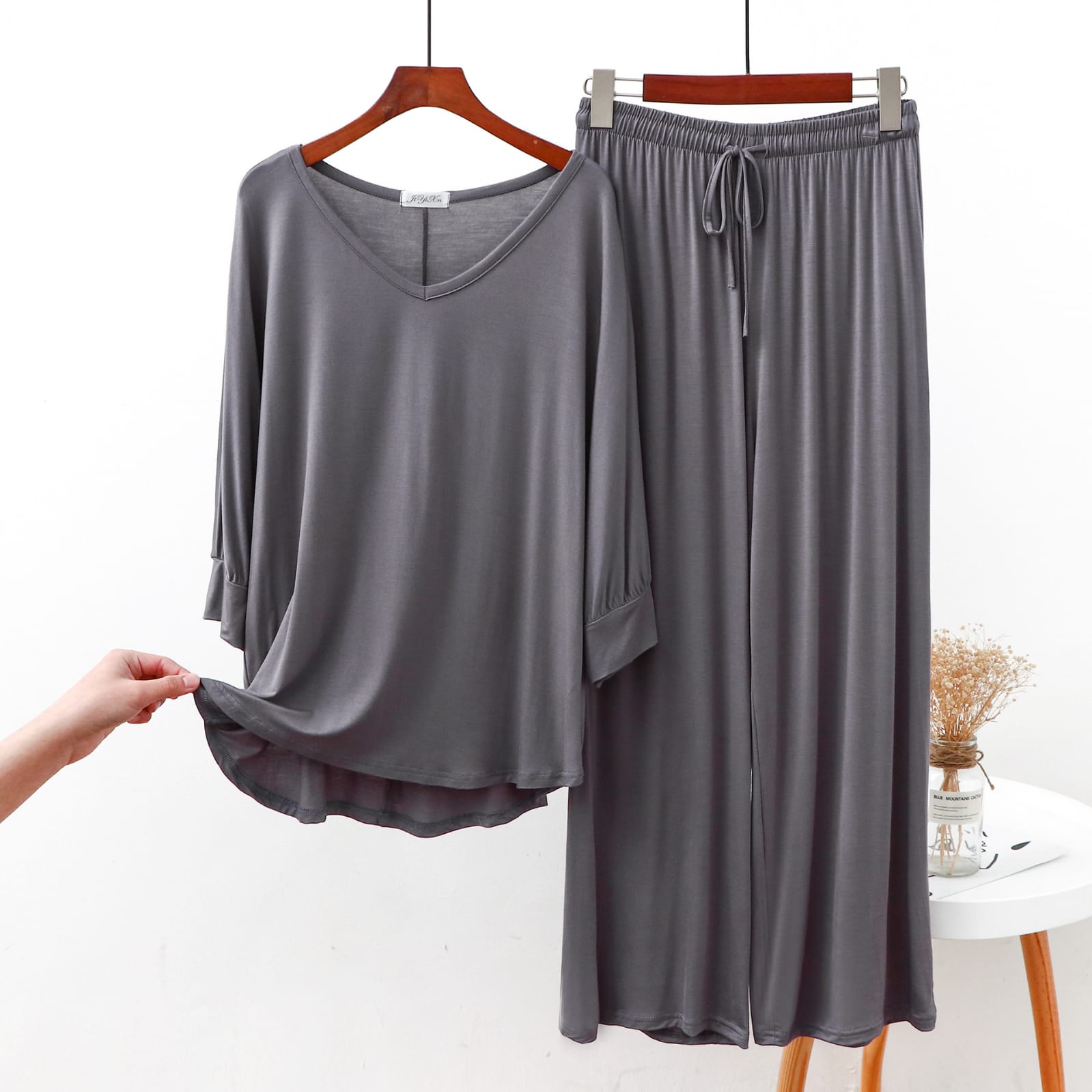 Plain Gray V Neck with Plazzo Pajama Full Sleeves Suit