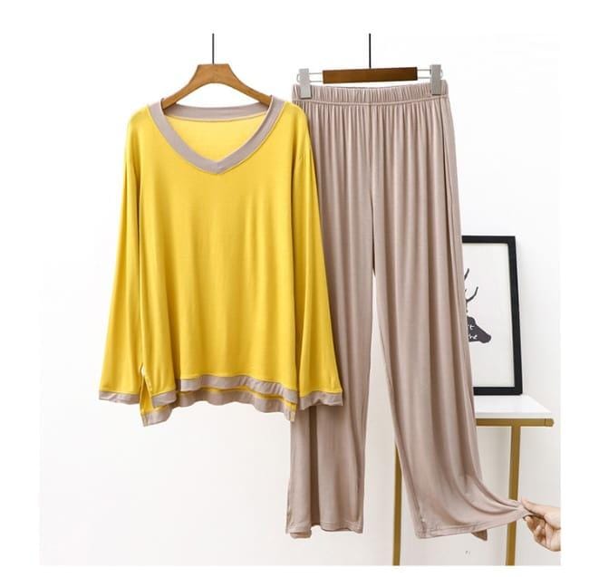 Yellow V-Neck T Shirt with Contrast Trouser PJ Set