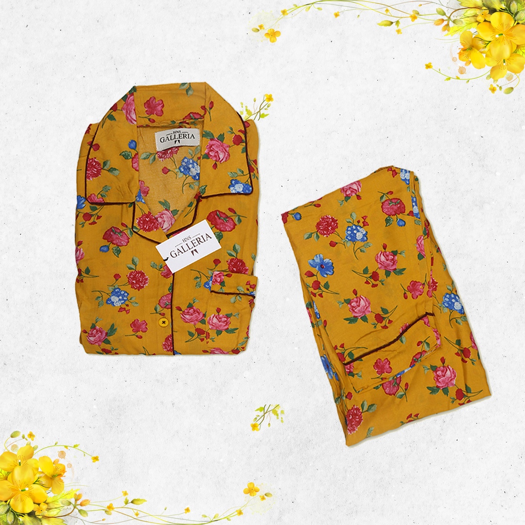 Yellow Surface Peony Women's Notch Collar Printed Sleepwear / Loungewear 5 Piece Suit (NW - 017)